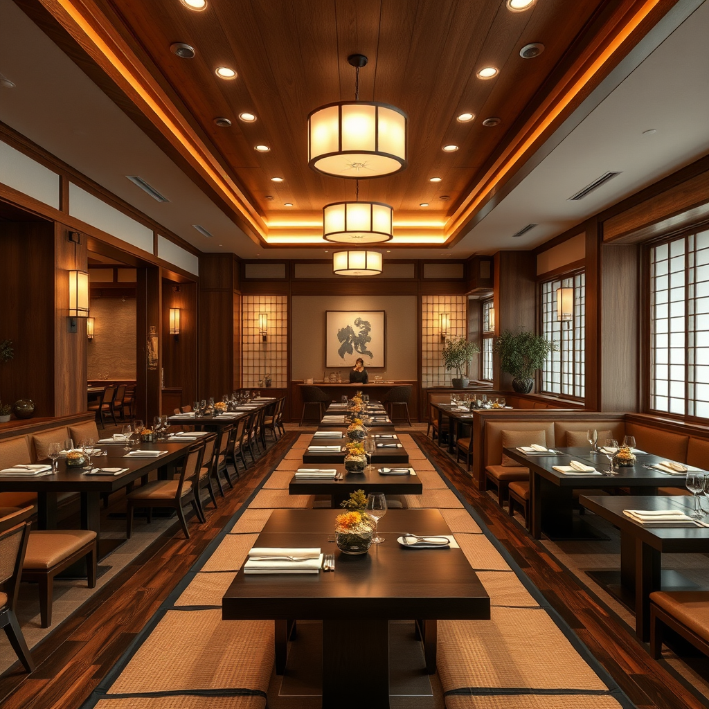 Elegant traditional Japanese restaurant interior with wooden elements, tatami seating, and warm lighting showcasing authentic dining atmosphere