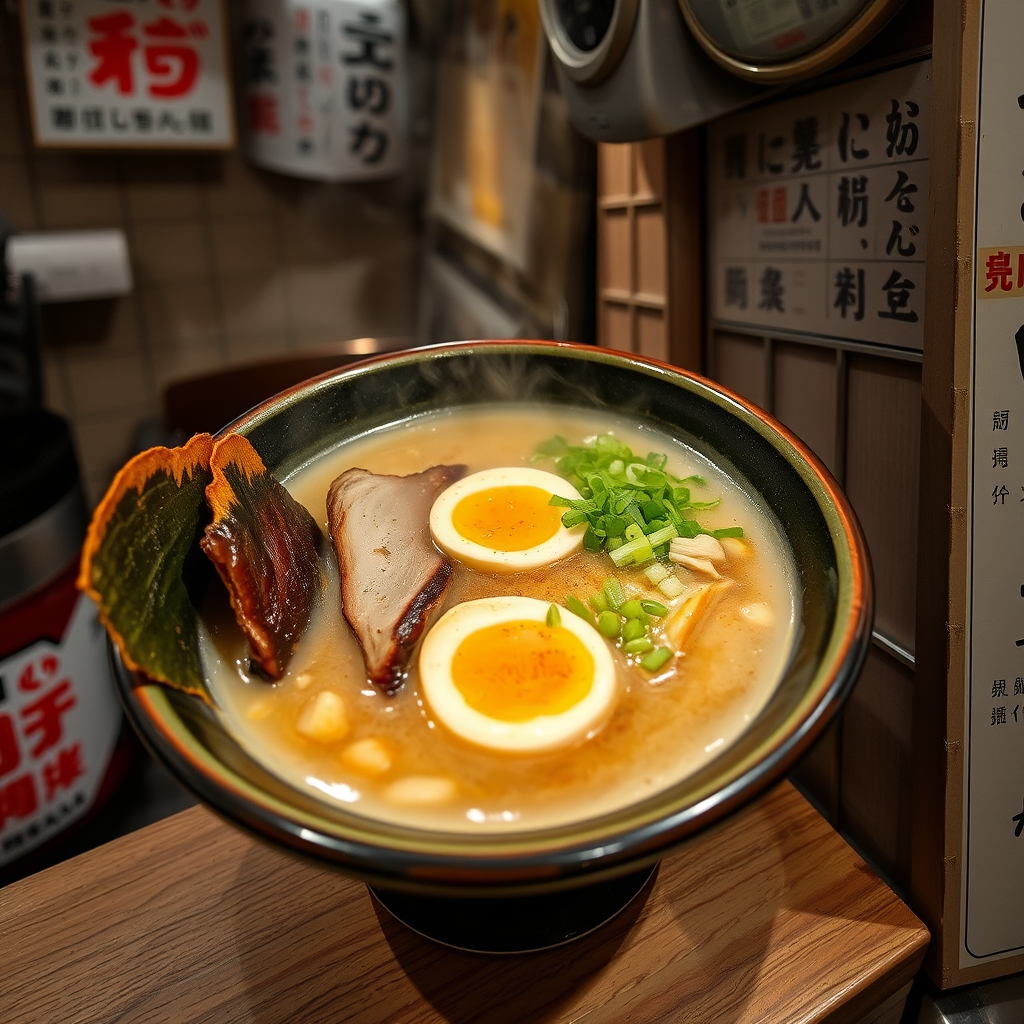 Steaming bowl of authentic tonkotsu ramen with chashu pork, soft-boiled egg, and green onions in a cozy underground ramen shop in Shibuya, Tokyo
