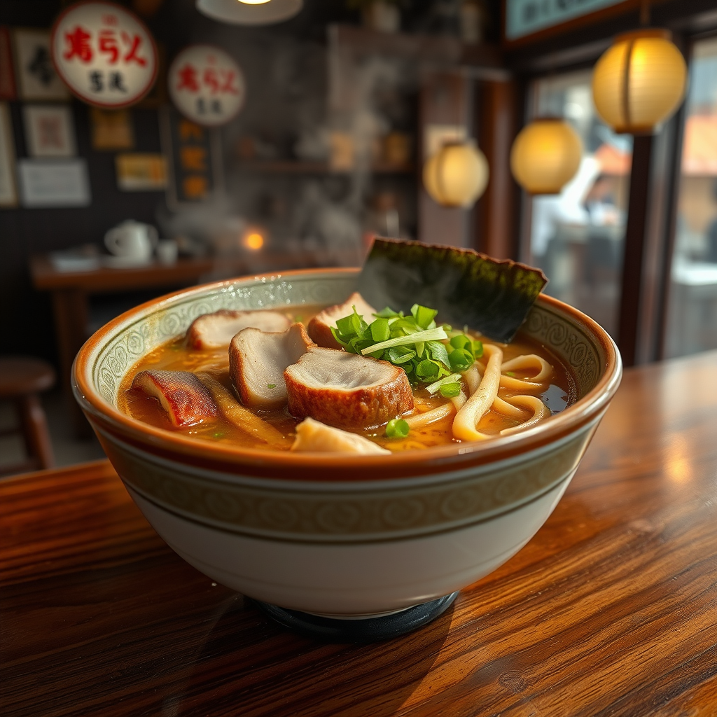 Steaming bowl of rich tonkotsu ramen with tender chashu pork slices, green onions, and bamboo shoots in a traditional ceramic bowl on a wooden counter in a dimly lit ramen shop