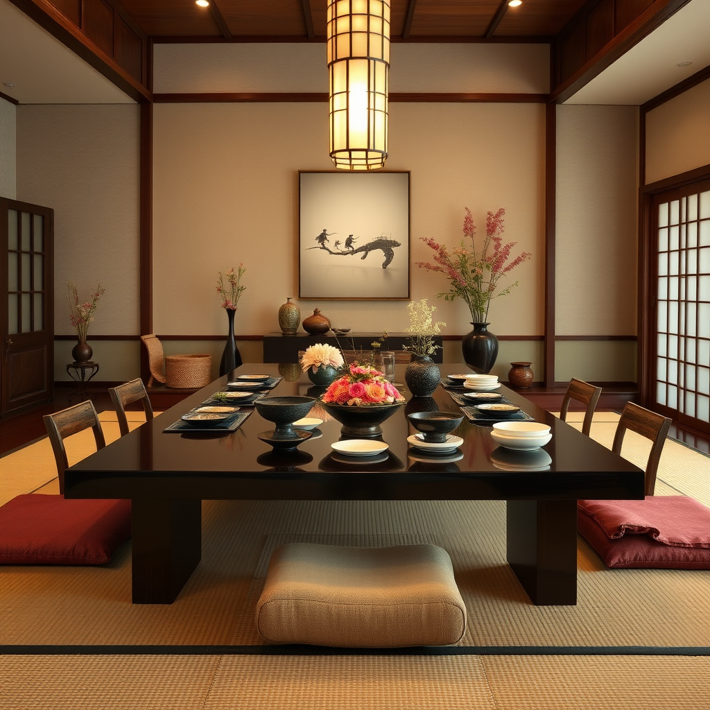 Elegant kaiseki dining room with tatami mats, low wooden table set with beautiful ceramic dishes, seasonal flowers, and traditional Japanese decor