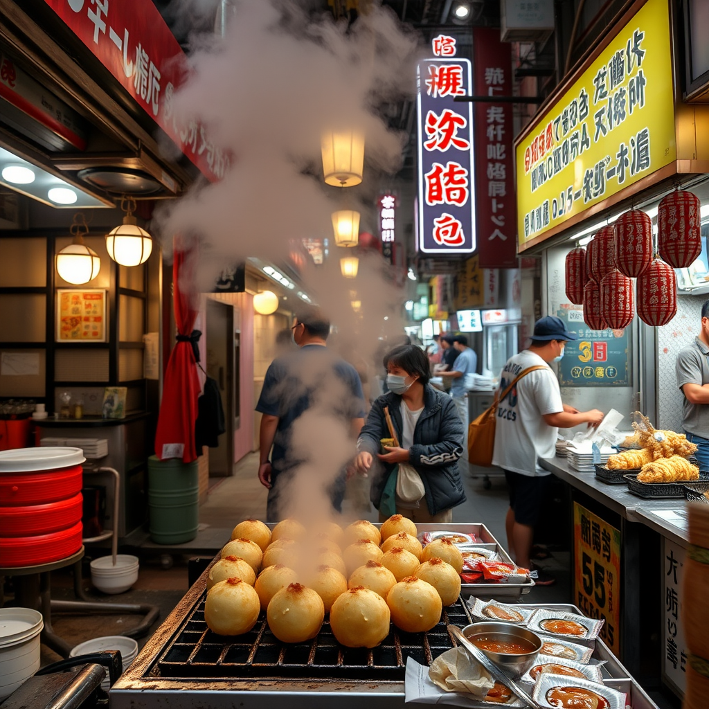 Vibrant street food scene showing takoyaki being prepared in Osaka with steam rising from the grill, contrasted with Tokyo street vendors serving various specialties under neon lights