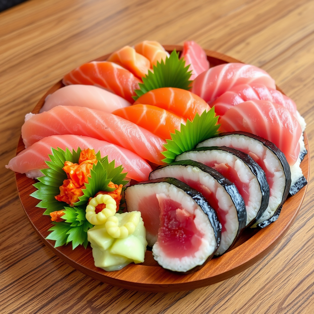 Beautiful seasonal sushi platter featuring fresh bluefin tuna, sea urchin, and other premium fish arranged on traditional wooden board with wasabi and pickled ginger