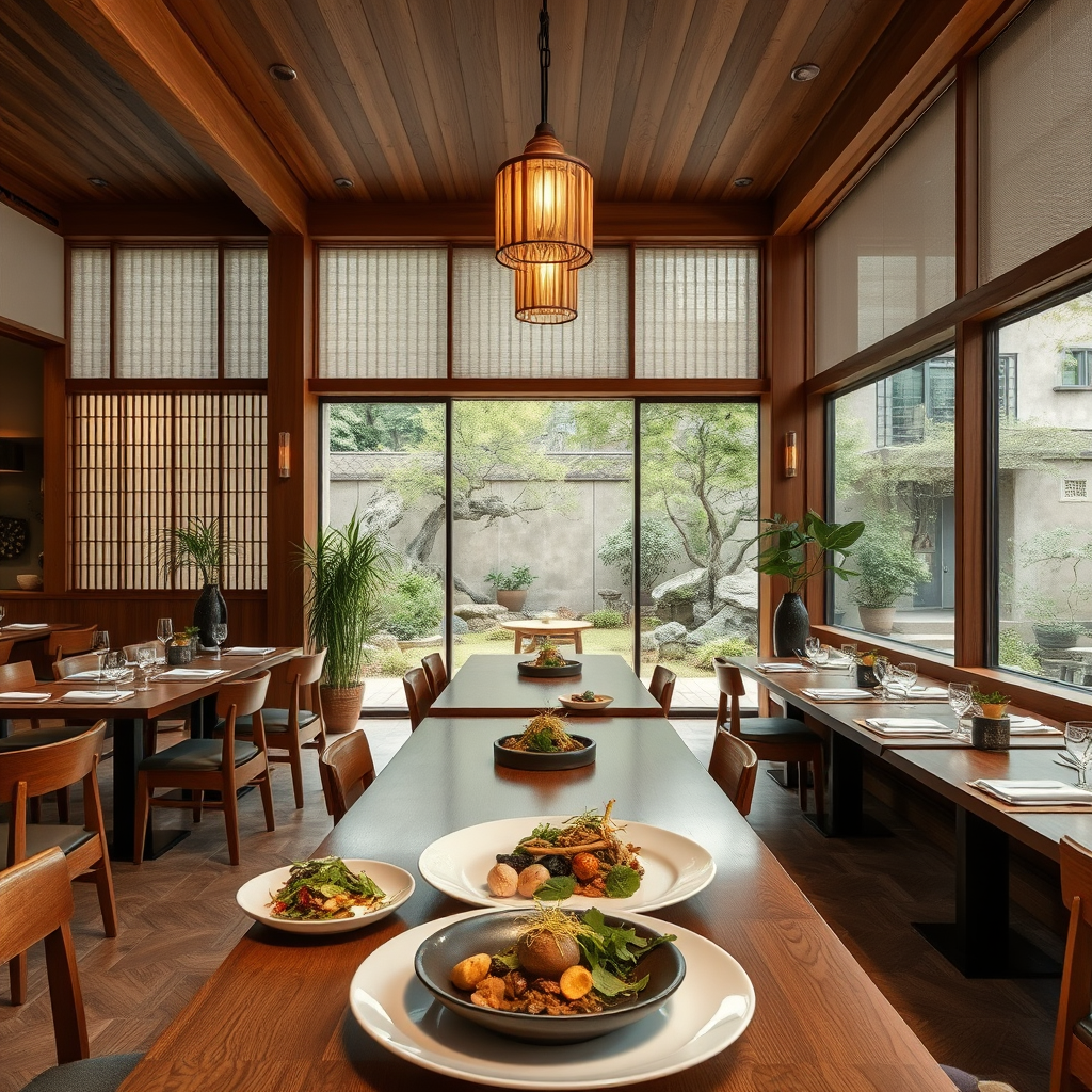 Modern Japanese vegetarian restaurant interior with traditional wooden elements, zen garden view, and elegant plant-based dishes artfully presented on ceramic plates