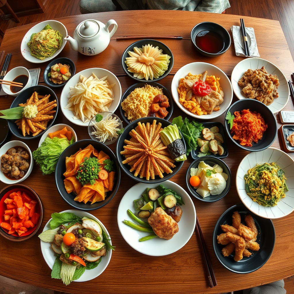Panoramic view of diverse Japanese vegetarian dishes arranged on traditional wooden table with chopsticks and tea service
