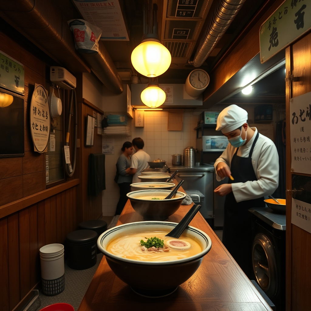 Cozy underground ramen shop in Shibuya with steaming bowls of tonkotsu ramen, wooden counter, warm lighting, and chef preparing noodles