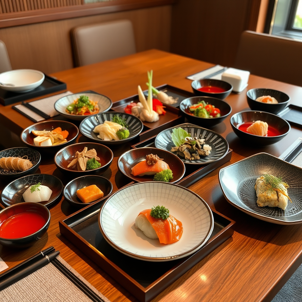 Elegant kaiseki dining setup with multiple small dishes beautifully arranged on traditional lacquered trays, featuring seasonal ingredients and artistic presentation in a traditional Japanese restaurant