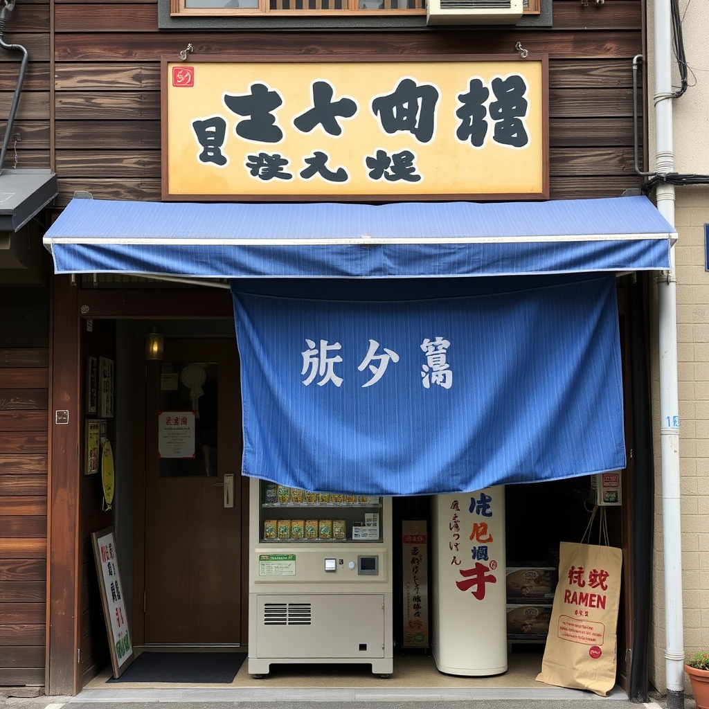 Small traditional ramen shop entrance with blue noren curtain hanging over doorway, wooden facade, and vending machine visible outside
