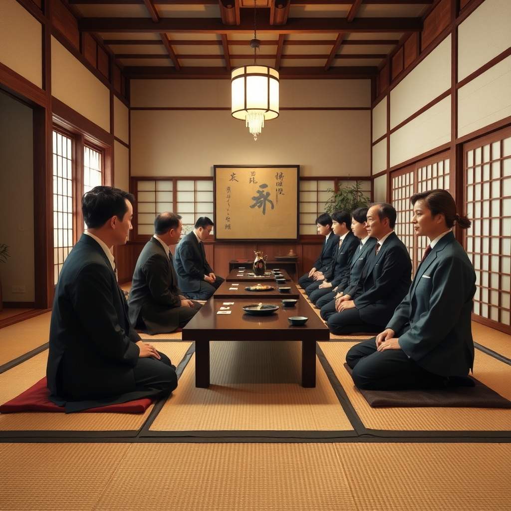 Traditional Japanese dining room showing proper seiza sitting position on tatami mats with guests in formal attire
