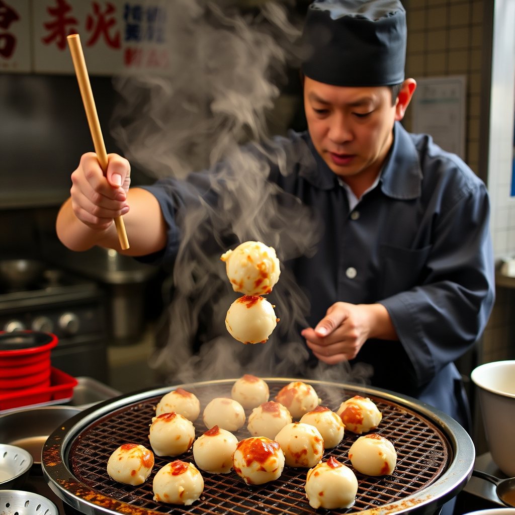 Skilled takoyaki chef in Osaka flipping octopus balls on a traditional gridded pan with precise movements, steam rising from the hot spherical treats