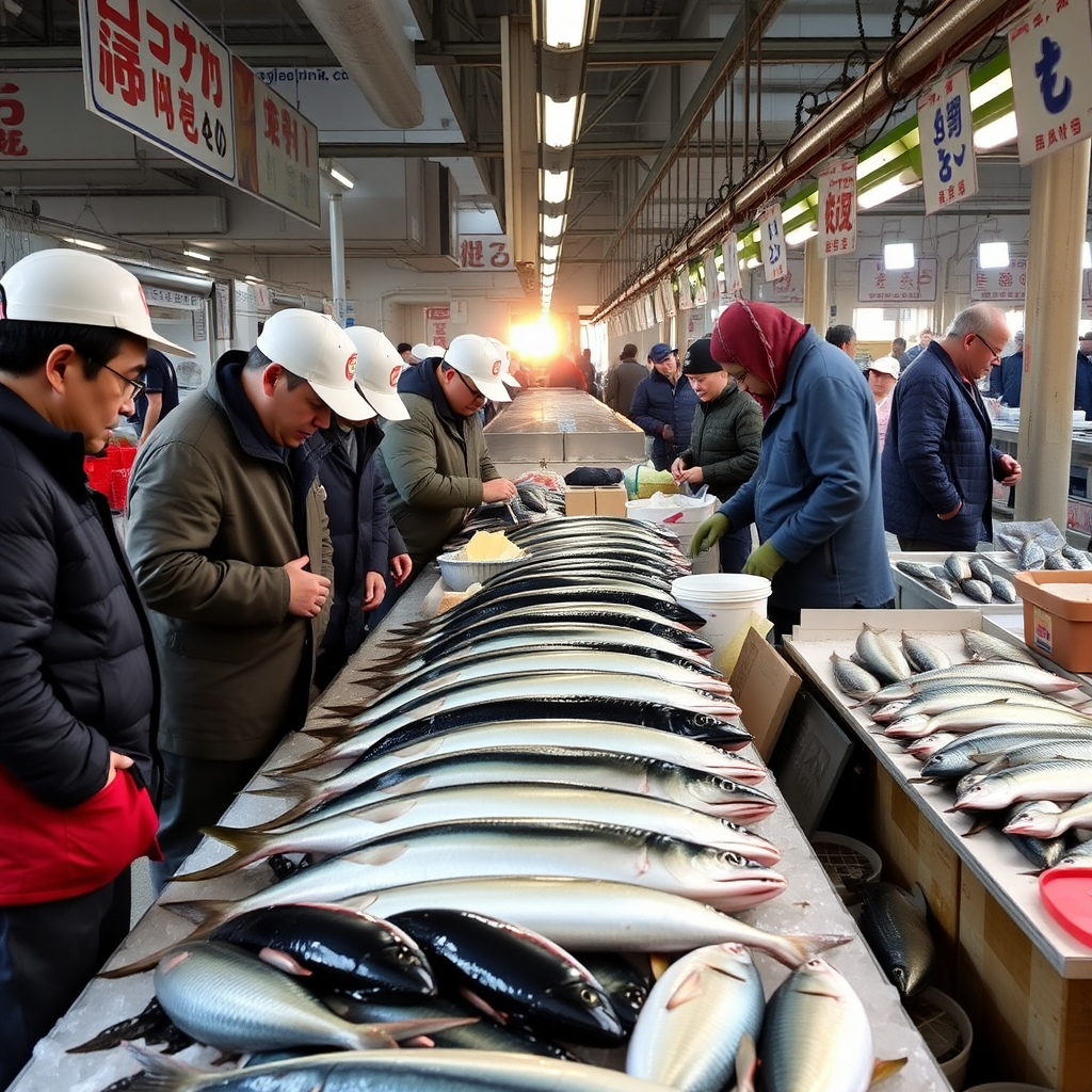 Early morning scene at Tsukiji fish market with vendors examining fresh seasonal catch including tuna, sea bream, and mackerel on ice displays