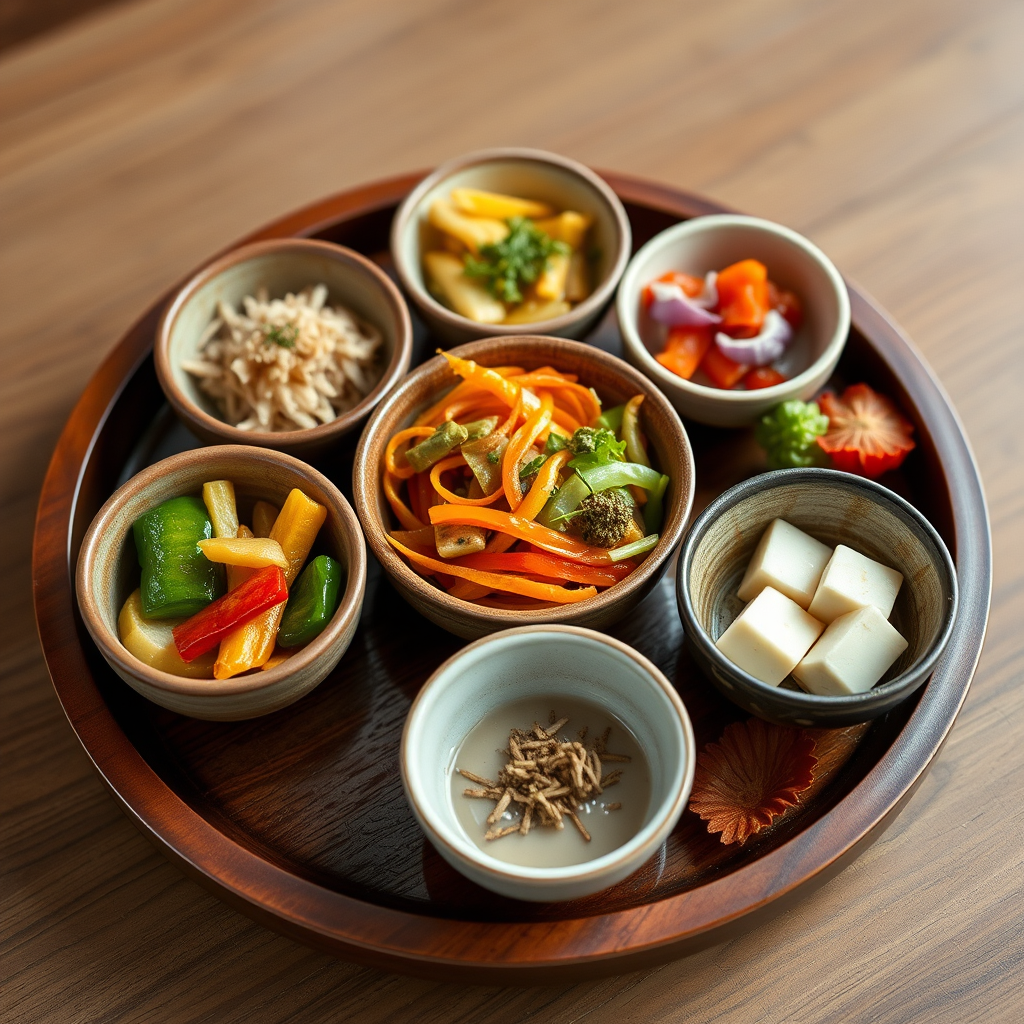 Traditional Buddhist temple cuisine presentation with multiple small ceramic bowls containing colorful seasonal vegetables, tofu, and mountain herbs arranged on wooden tray
