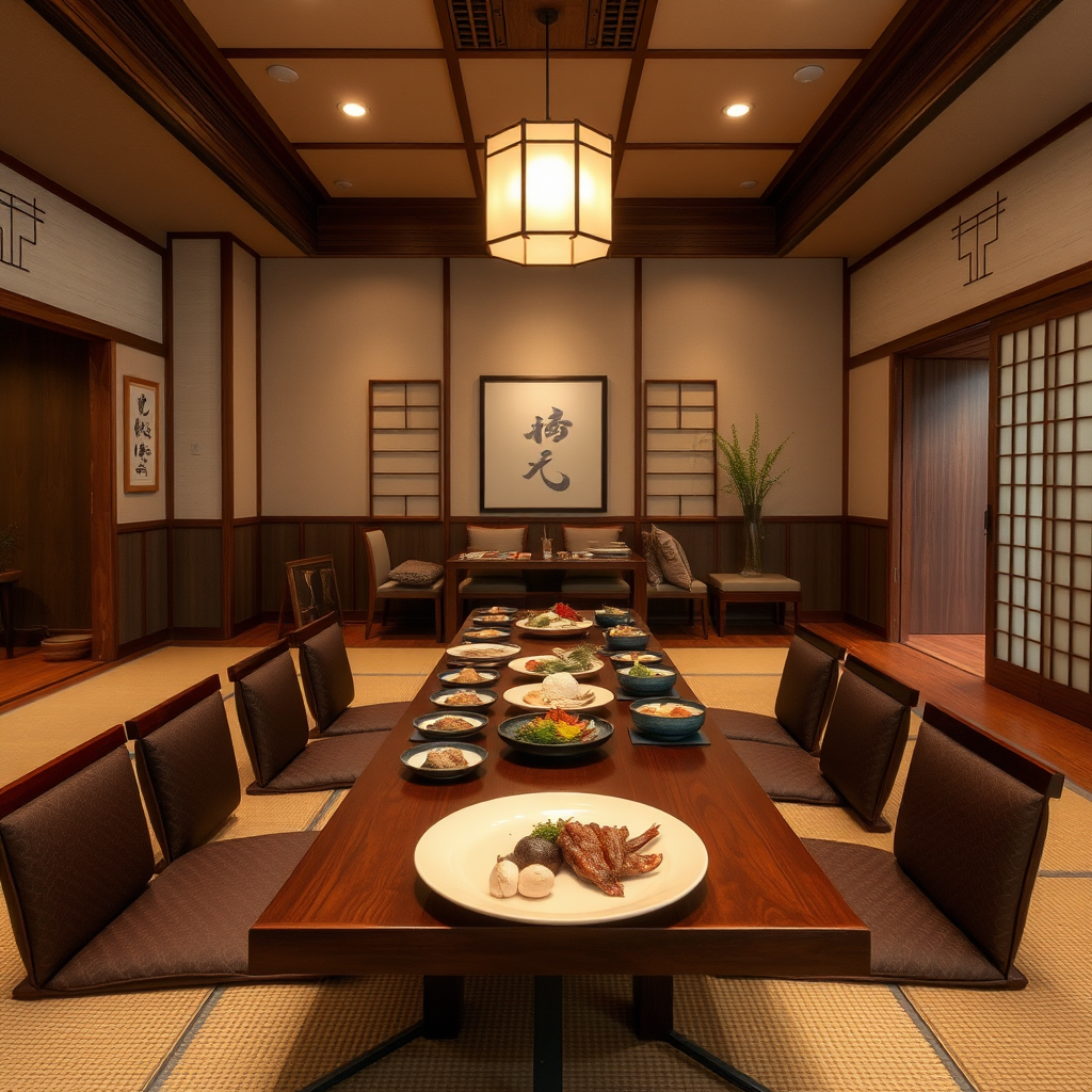 Elegant kaiseki dining room with tatami mats, low wooden table, seasonal dishes beautifully arranged, traditional Japanese restaurant interior