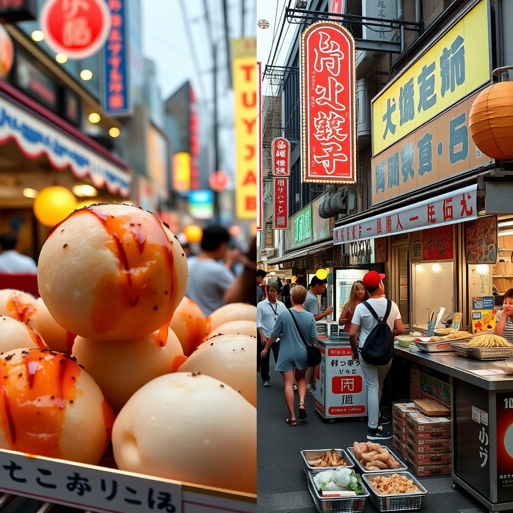 Split image showing Osaka takoyaki balls on the left and Tokyo street food on the right, with bustling street food vendors and neon signs in the background representing the culinary battle between two Japanese cities