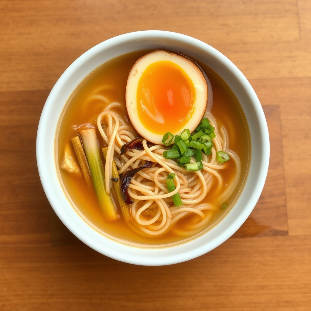Clear golden shoyu ramen broth in white ceramic bowl with thin noodles, bamboo shoots, green onions, and soft-boiled egg with orange yolk