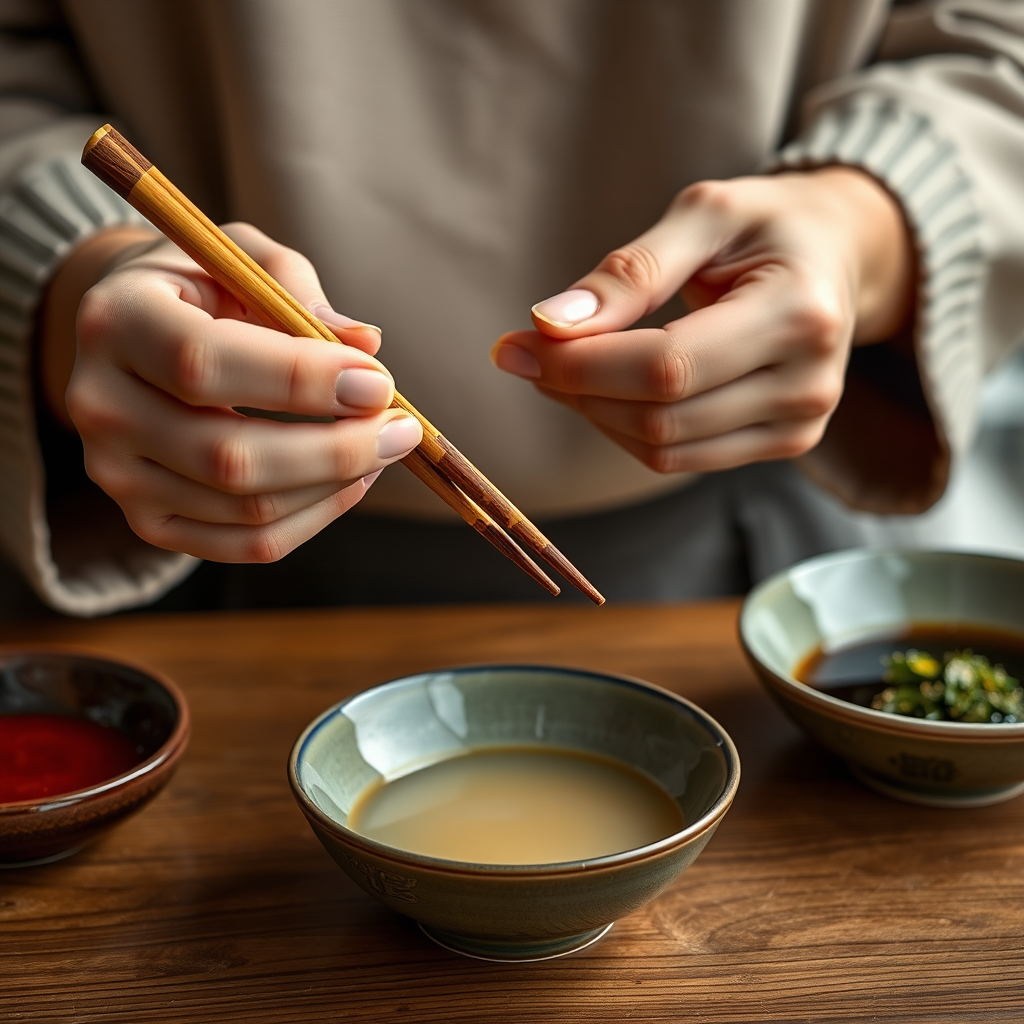 Close-up of hands demonstrating proper chopstick holding technique with elegant lacquered chopsticks and traditional ceramic dishes