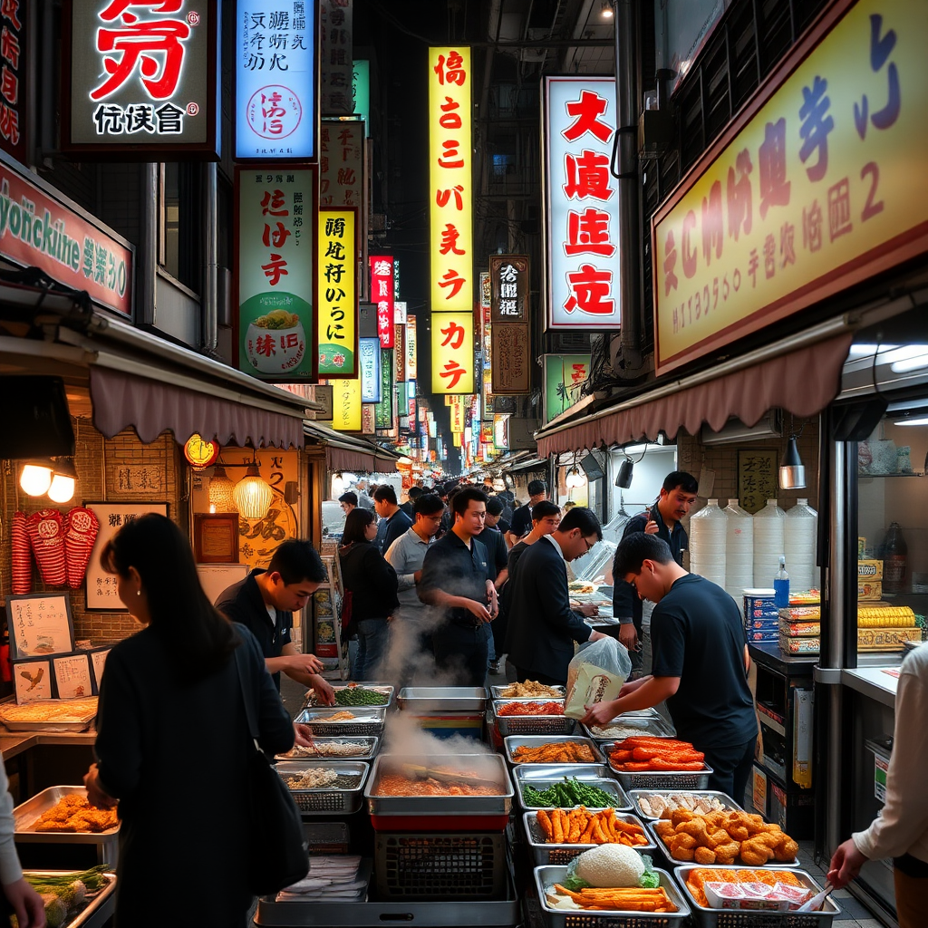 Bustling Tokyo street food market at night with colorful neon signs, vendors preparing various specialties including yakitori, taiyaki, and modern fusion dishes
