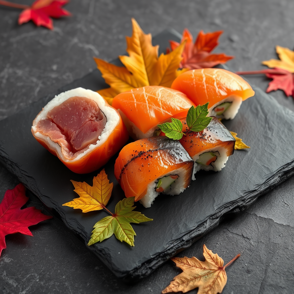 Elegant autumn sushi selection featuring fatty tuna, mackerel, and salmon arranged on dark slate with autumn maple leaves as garnish