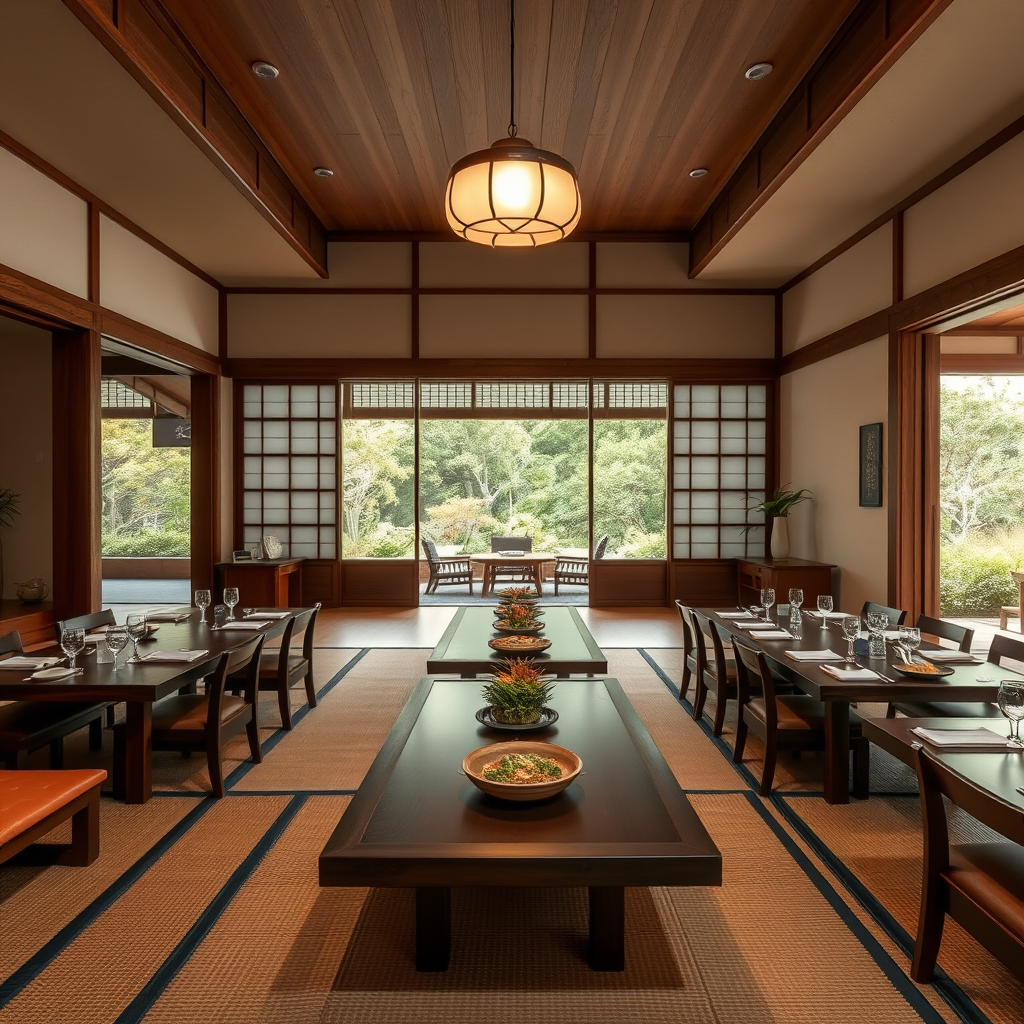 Zen temple dining room with tatami mats, low wooden tables, and garden views through paper screens, featuring elegant vegetarian meal service