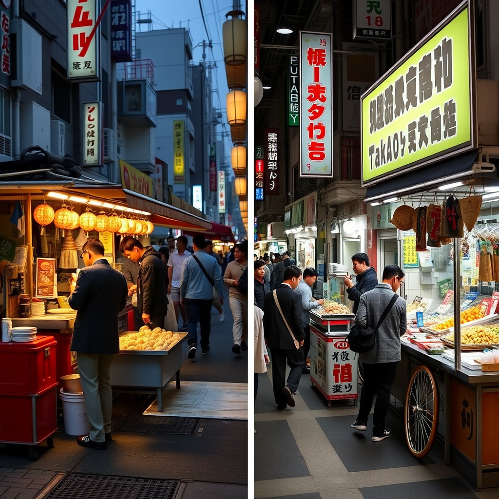 Split screen showing Osaka takoyaki street vendor on left and Tokyo street food stall on right, bustling night markets, colorful food displays
