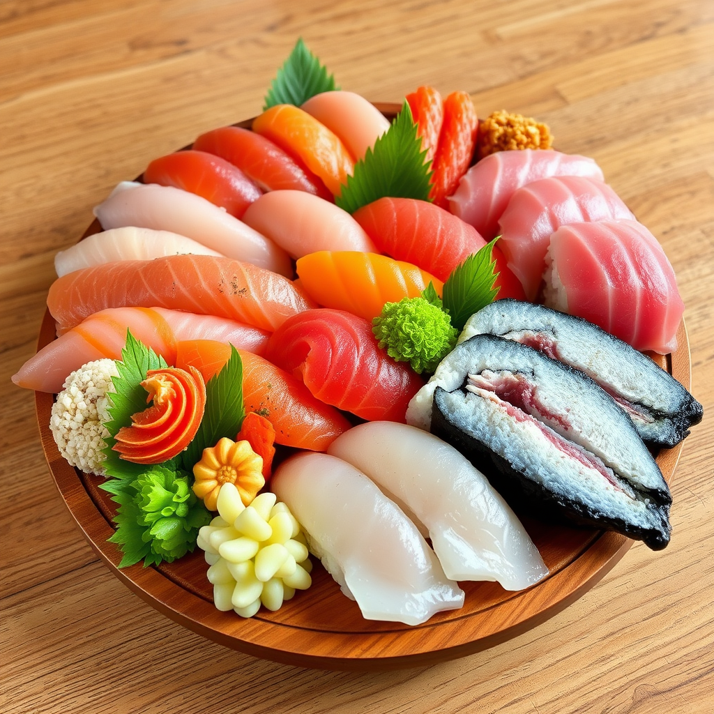 Beautiful sushi platter showcasing seasonal fish including bluefin tuna, sea urchin, and other premium seafood arranged on a wooden board with wasabi and pickled ginger, representing Japan's seasonal fish calendar