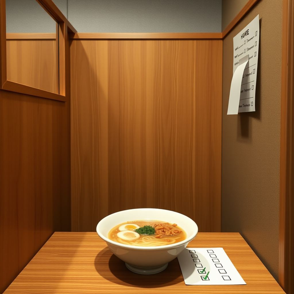 Individual ramen eating booth with wooden dividers, single bowl of ramen on counter, and ordering form with checkboxes for customization
