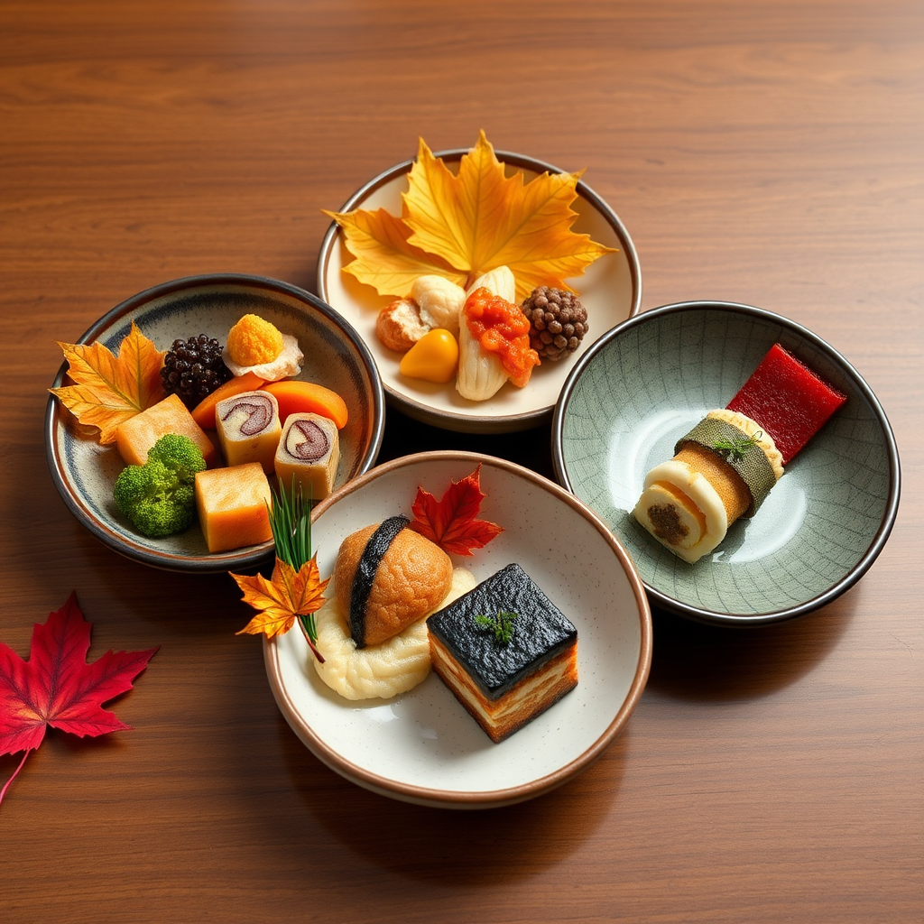 Beautiful kaiseki course presentation showing seasonal autumn ingredients artfully arranged on traditional ceramic plates with maple leaf garnish