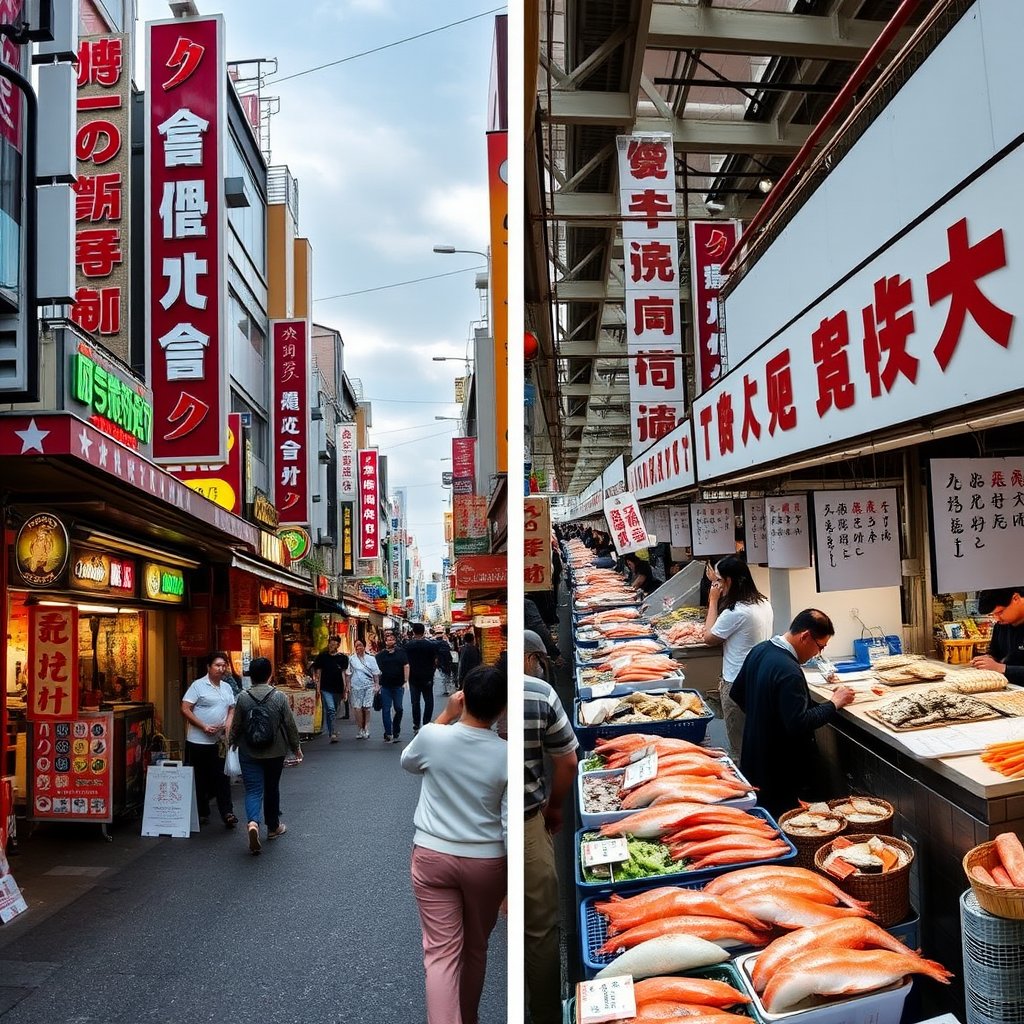 Comparison view showing Osaka's Dotonbori district with its iconic neon signs and street food stalls on the left, and Tokyo's Tsukiji market with fresh seafood vendors and traditional preparations on the right