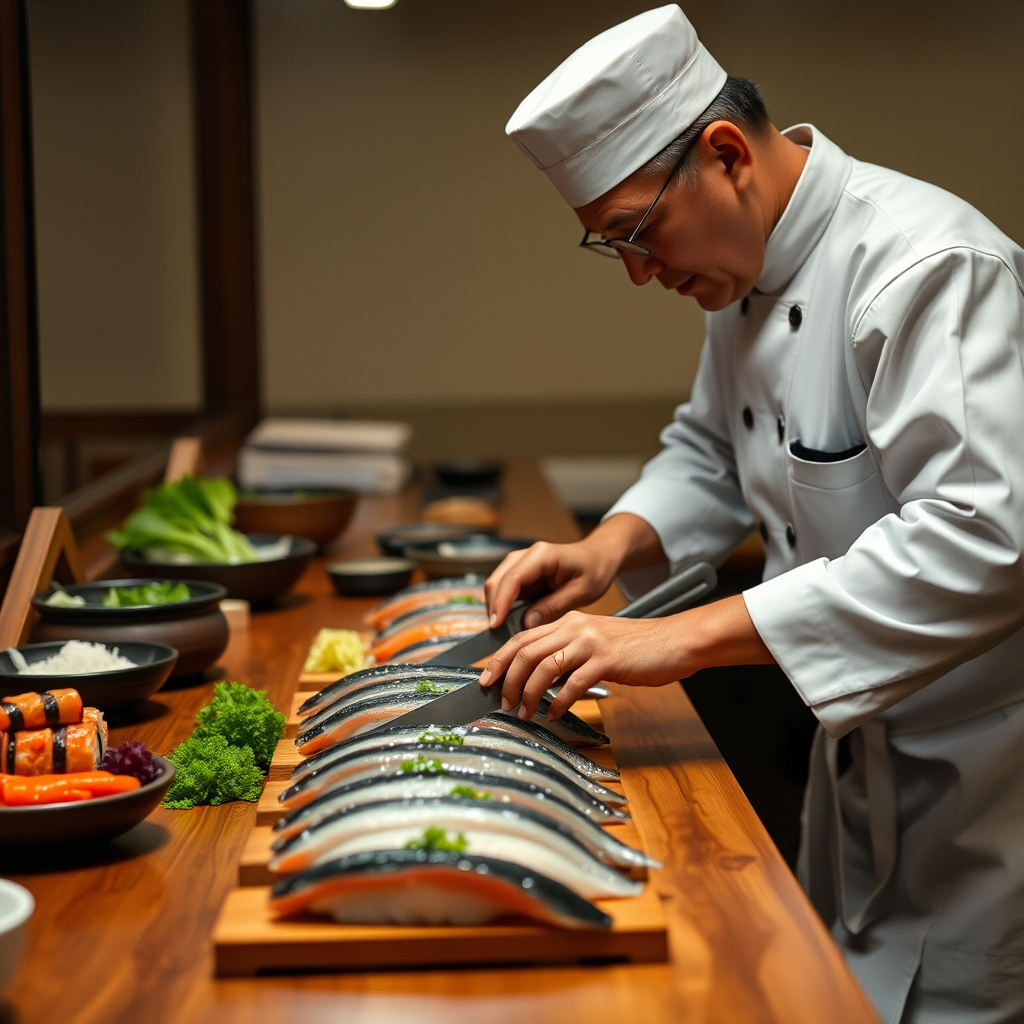 Skilled sushi master in white uniform carefully preparing seasonal fish at traditional wooden counter with sharp knives and fresh ingredients