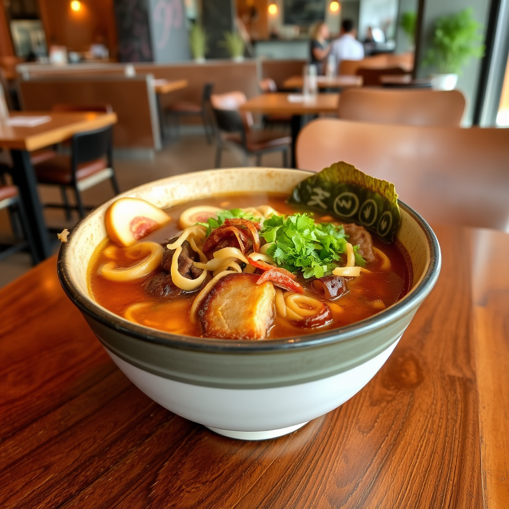 Steaming bowl of plant-based ramen with rich brown broth, colorful vegetables, seitan slices, and traditional garnishes in modern restaurant setting