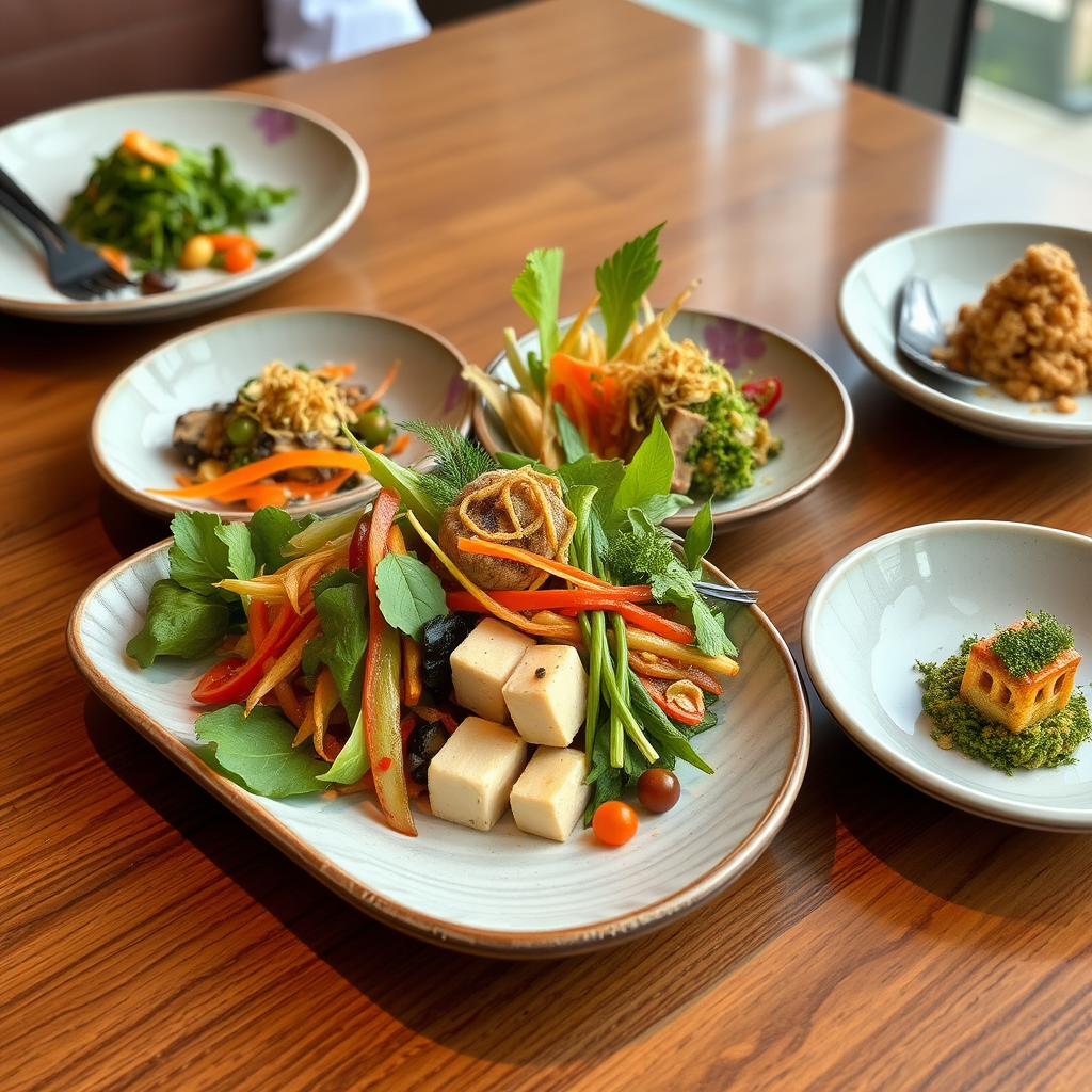 Modern plant-based Japanese cuisine featuring beautifully plated vegetarian dishes with tofu, seasonal vegetables, and Buddhist temple-inspired presentations in an elegant contemporary restaurant setting