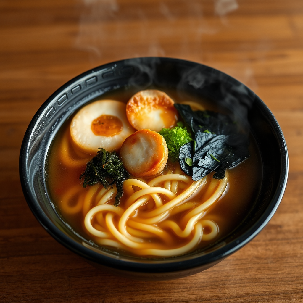 Dark, rich niboshi ramen broth in black ceramic bowl with thick wavy noodles, seaweed, and fish cake slices, steam rising from the surface