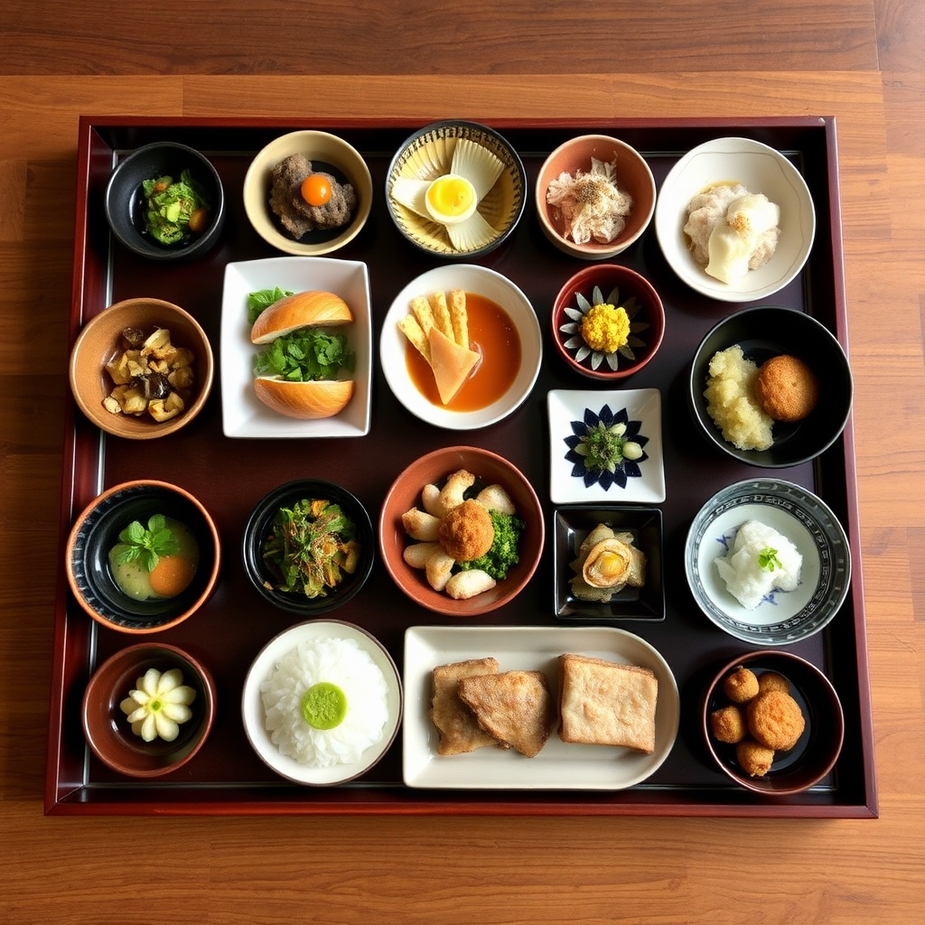 Traditional kaiseki course sequence showing multiple small dishes arranged in proper serving order on elegant lacquered trays