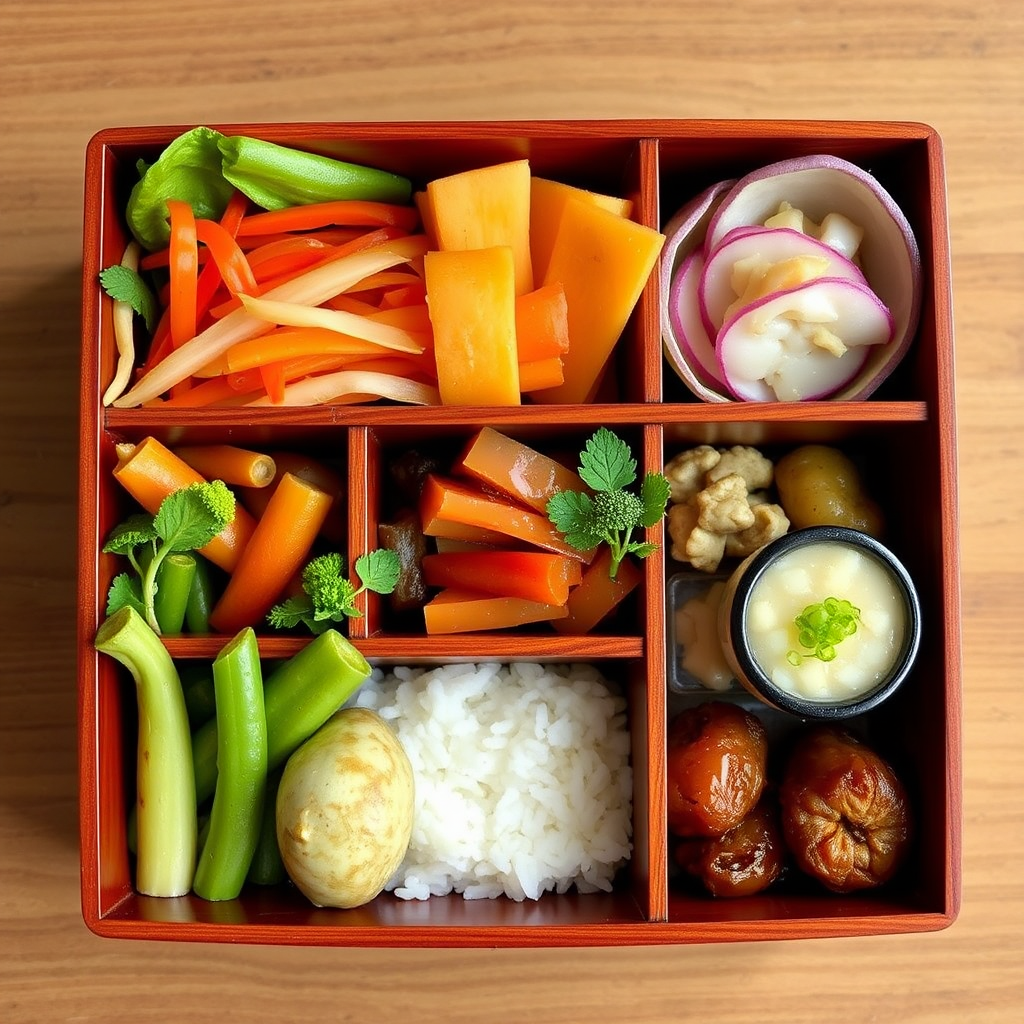 Elegant Japanese vegetarian bento box with compartments containing colorful seasonal vegetables, pickles, rice, and artistic food presentation