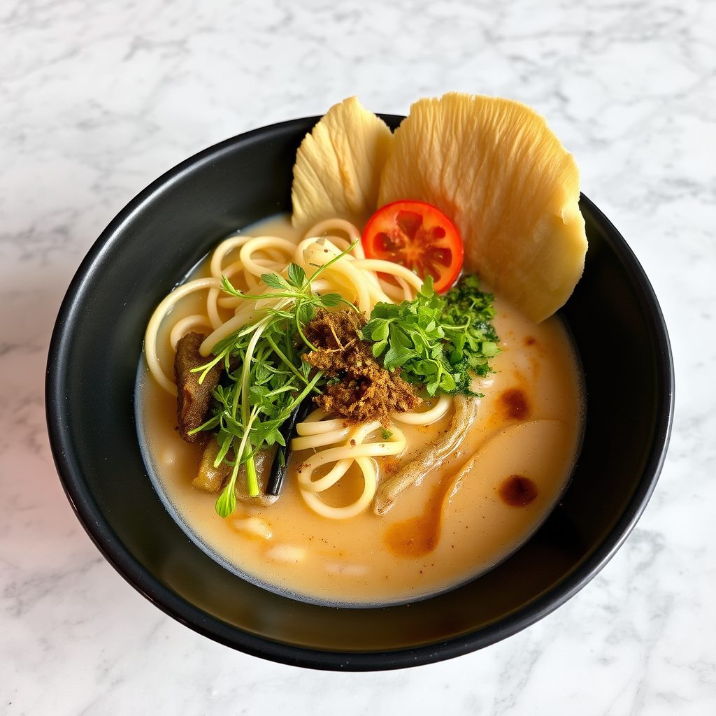 Modern interpretation of ramen in stylish black bowl with unique toppings including microgreens, truffle oil drizzle, and artfully arranged vegetables on marble counter
