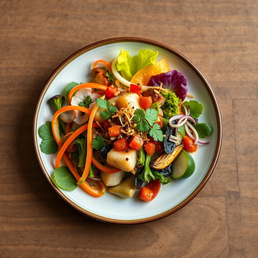 Modern fusion vegetarian dish combining Japanese and Western elements with artistic plating and colorful plant-based ingredients