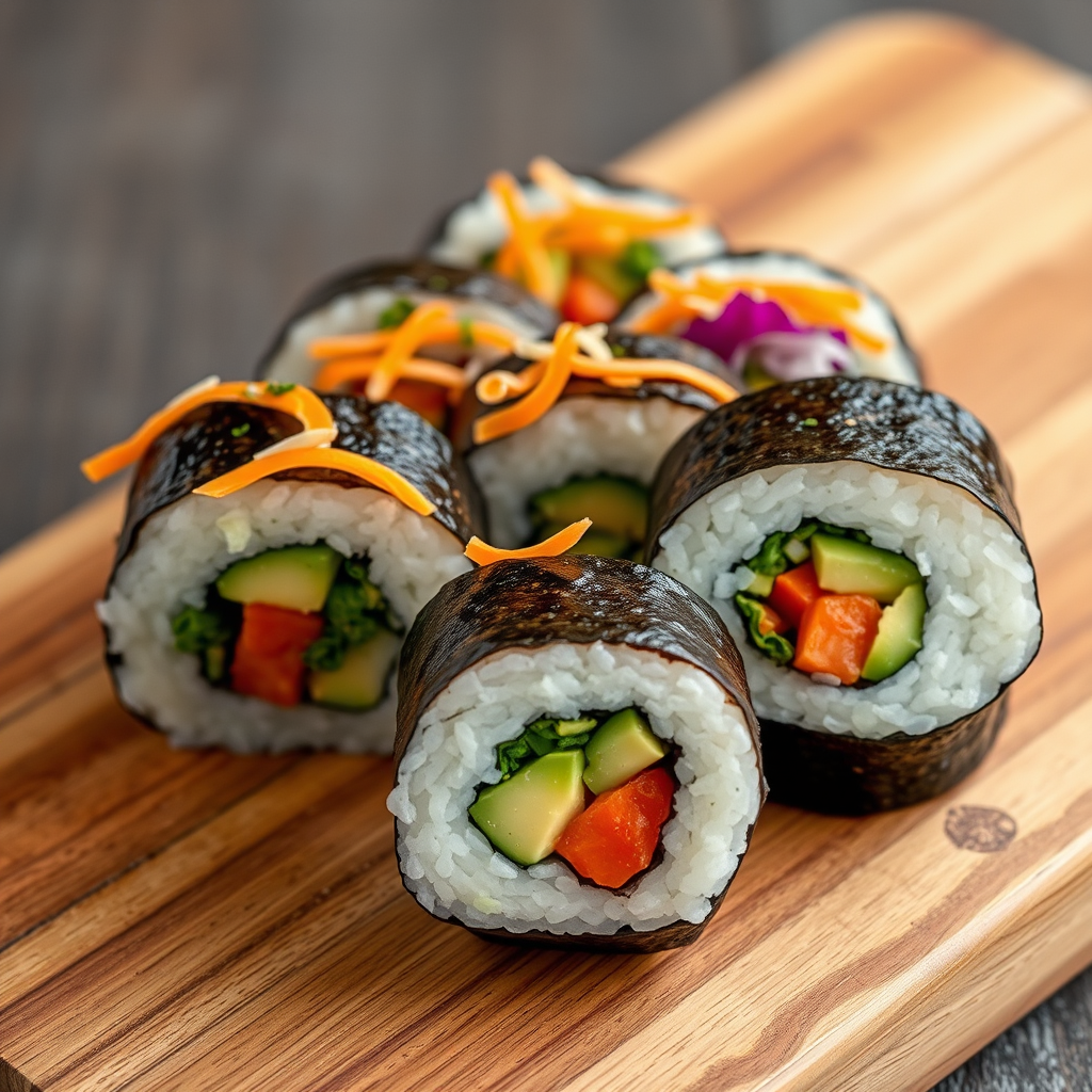 Elegant vegetarian sushi rolls with colorful vegetables, avocado, and creative plant-based ingredients on traditional wooden board
