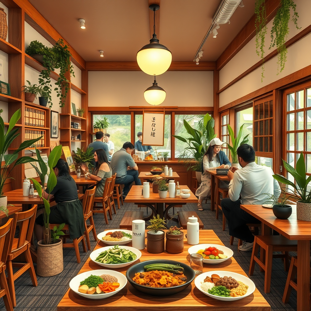 Cozy Japanese cafe interior with wooden furniture, plants, and customers enjoying colorful vegetarian meals in warm, welcoming atmosphere