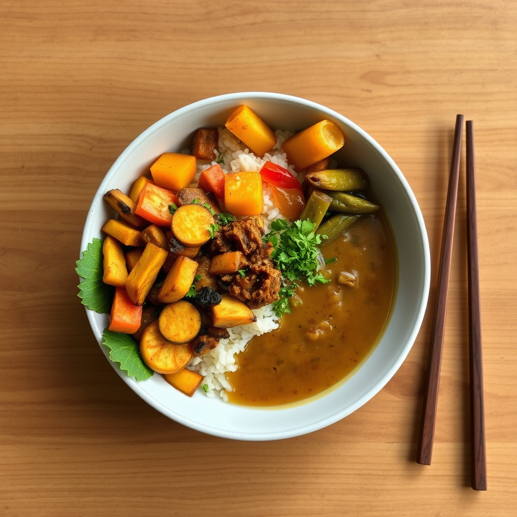Healthy macrobiotic rice bowl with colorful roasted vegetables, pickles, and miso soup served on natural wooden table